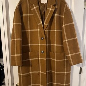 Madewell Camel Plaid Pea Coat with Cream Windowpane